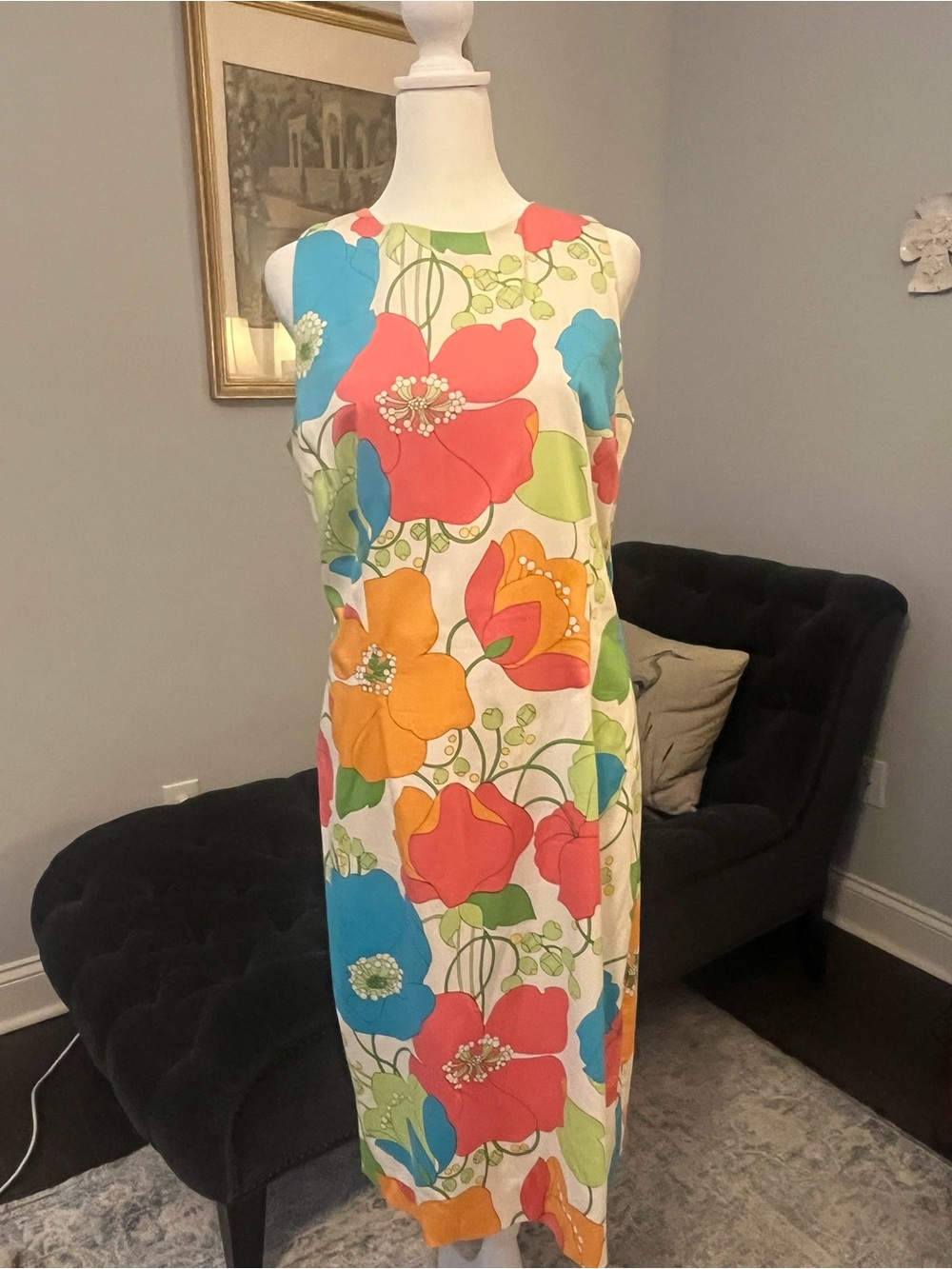 Nine West White Midi Dress with Bold Coral, Blue and Orange Floral Print